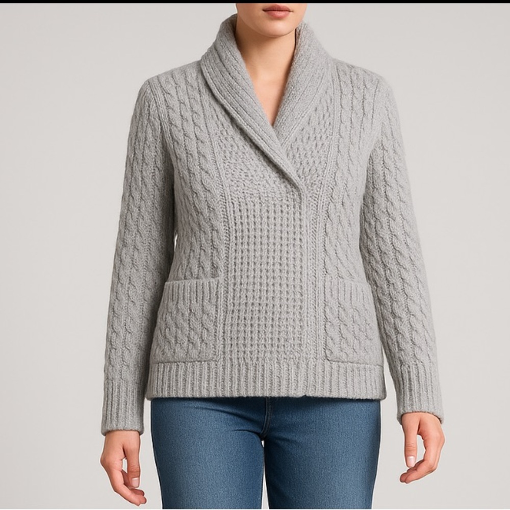 Madewell Gray Cardigan Sweater with Cable Knit and Shawl Collar- snap closure
